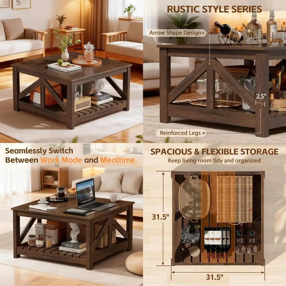

Modern Farmhouse Style Dual Compartment Coffee Table, Wood Cocktail Table for Living Room and Office Lounge