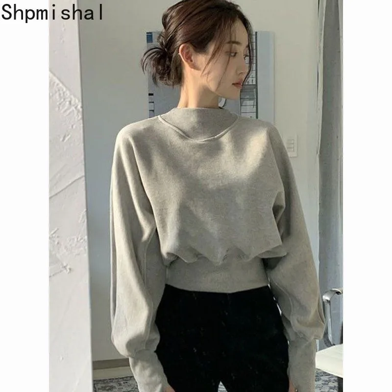 Miiiix 2023 Autumn New Design Sense Top Hoodies Simple Solid Color Bat Sleeves Wrapped Waist Short Hoodies Female Clothing