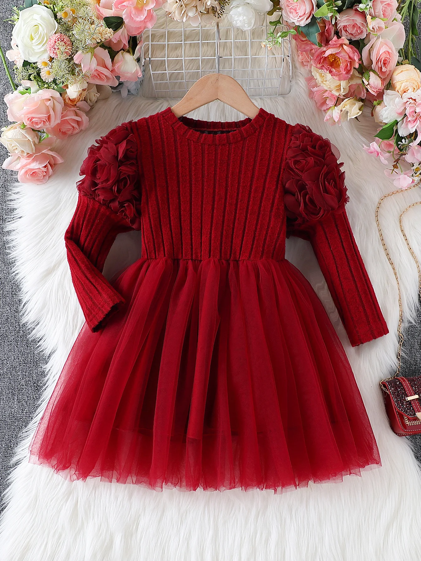 Girls' Spring and Autumn Dress, Classic and Elegant Burgundy Ribbed Patchwork Mesh Long-Sleeved Knee-Length Dress, Little Girl's Autumn Princess-Style Party Outfit