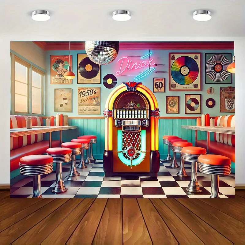 1 Stück, Retro-Polyester-Hintergrundstoff aus den 1950er-Jahre mit Musikmotiv, geeignet für Familienfeiern, Hochzeiten und Geburtstage