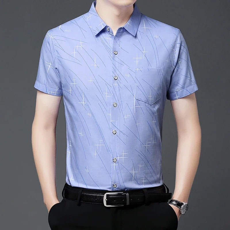 New Men's Business Casual Short Sleeved Printed Shirt with Wrinkle Resistance No Ironing Comfortable All Season Versatile Top