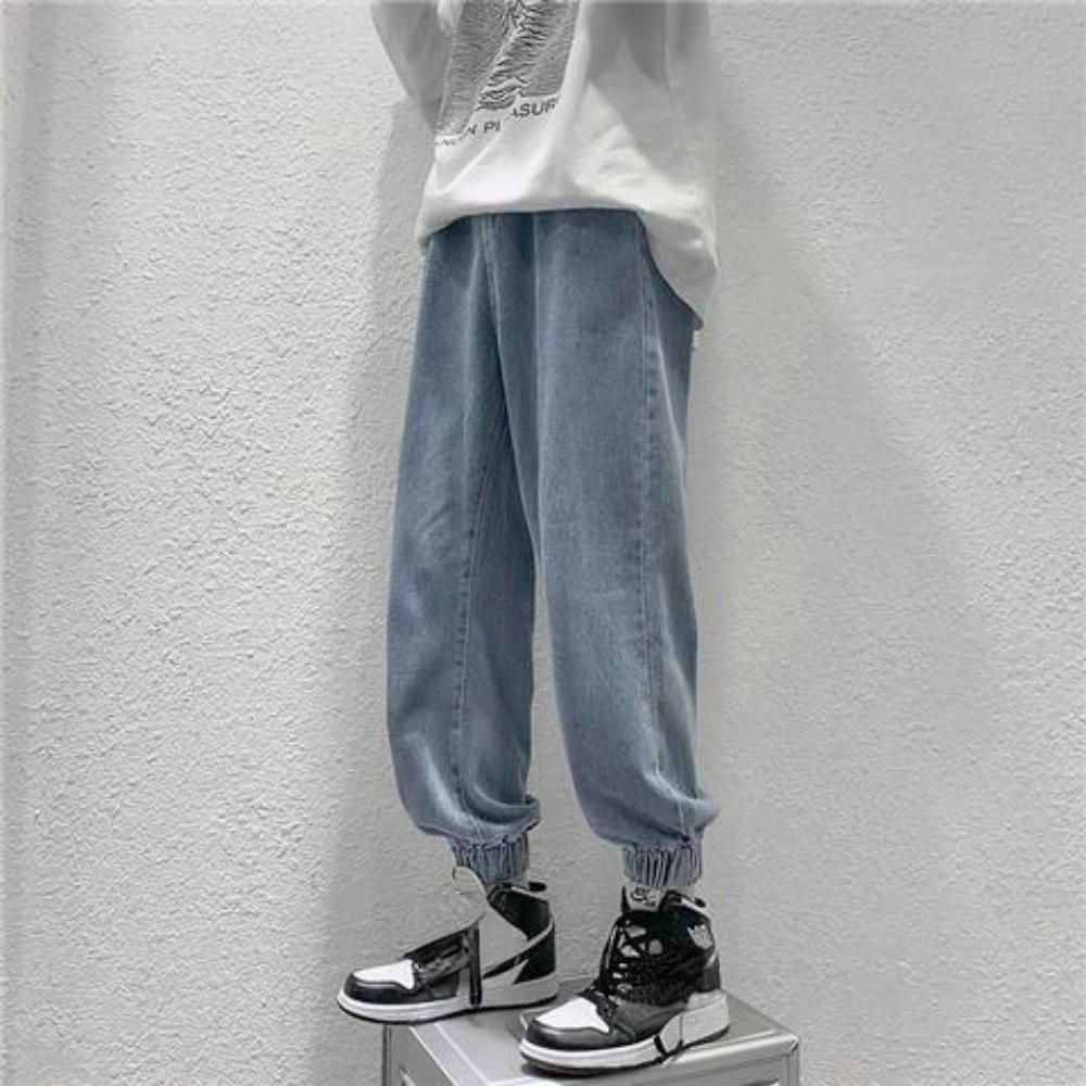 2023 Men's Solid Color Loose Wash Jeans Student Fashion Trend Korean Style Casual Men Pants Elastic Waist Trousers Loose Jeans