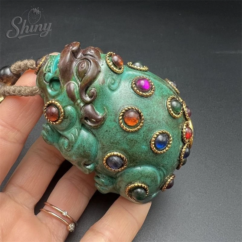 Antique Optimization Turquoise Pixiu Statues Retro  Hand-carved Swiss Beast Fengshui Ornament Sculptures Home Decor