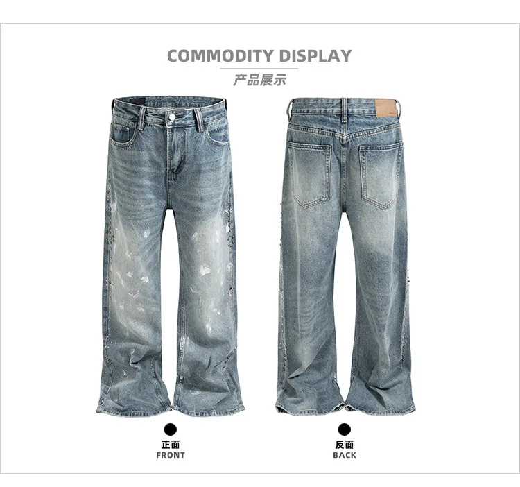 MIJKO Unisex Splatter Paint Accent Jeans Washed Aged Metal Stud Blue Jeans  for Men And Women G6922#