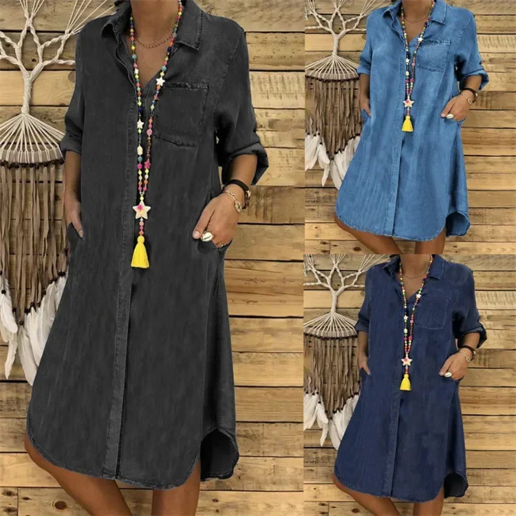 Camicia lunga Abito in denim Donna Manica lunga Resses Tempo libero Colletto rovesciato Tasca Solido Lungo Donna Donna Mini Abiti Largos