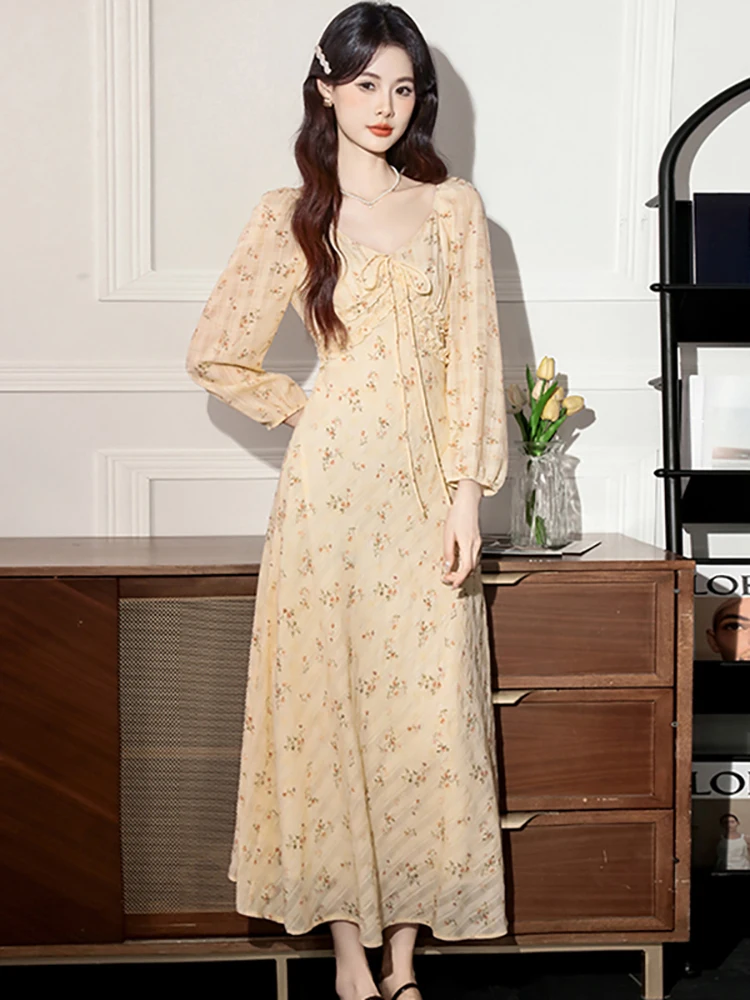 

Women Floral Long Sleeve Chic Bow V-Neck Maxi Dress Autumn Winter Elegant Bodycon Holiday Dress 2025 Korean Vintage Party Dress