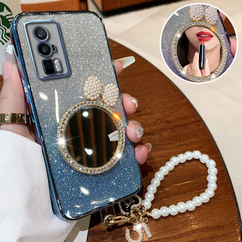 POCO F5pro Case with Pearl Lanyard Cover For Xiaomi poco F5 X6 X5 X3 M4 M6 pro C55 C65 C40 Luxury Bling Glitter Mirror Case F 5