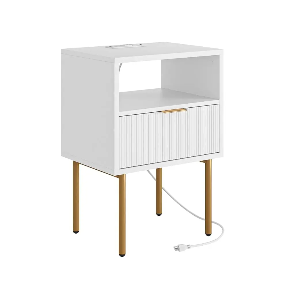

Nightstand With Charging Station,Mid- Modern Bedside Table With Storage Drawer And Open Wood Shelf,Small Gold Frame Side Table