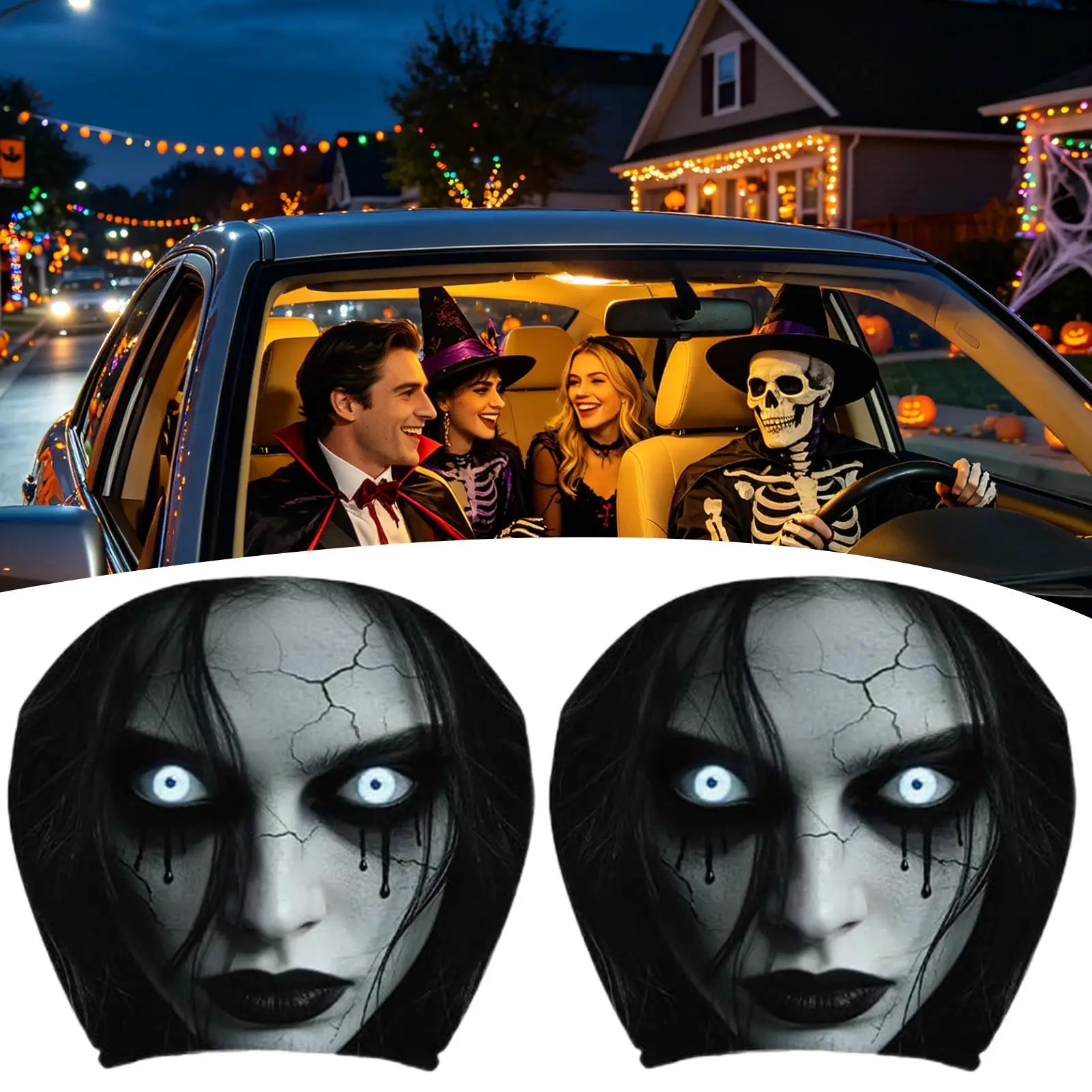 Universal Car Headrest Cover 2 Pack Horror Ghost Pattern Elastic Washable Seat Headrest Protective Case Auto Interior Deco