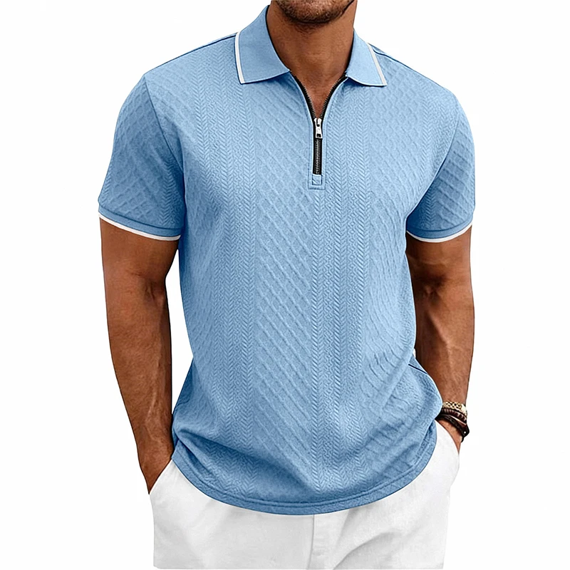 Sommer Herren Casual Business Kurzarm 9-Farben Jacquard 1/4 Reißverschluss Poloshirt | Strukturiertes Polo-Top mit Reißverschluss und kurzen Ärmeln – Detail 14