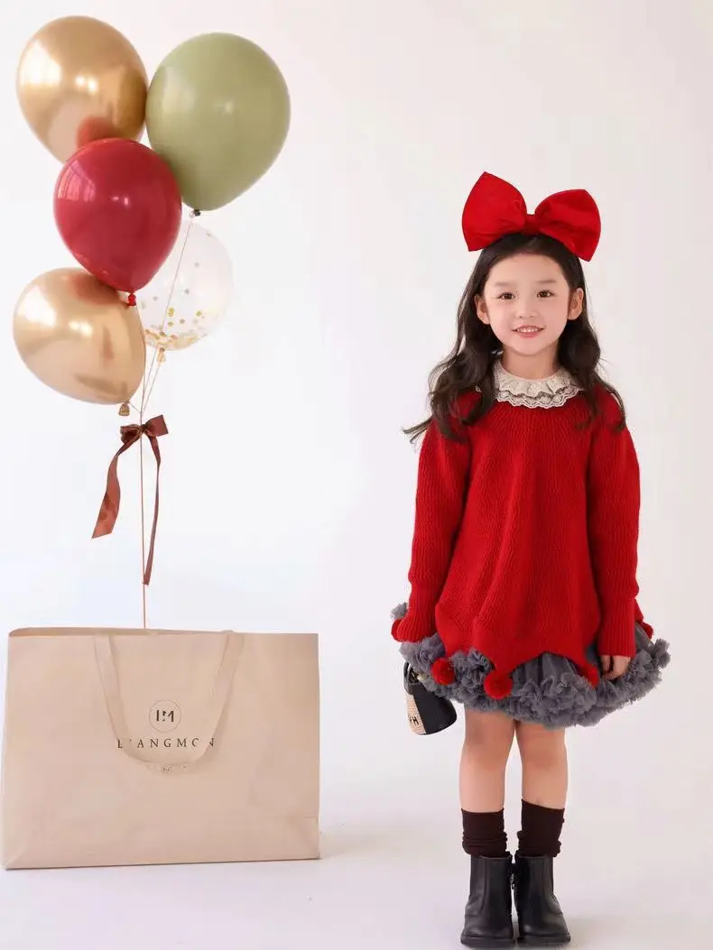 2-10Years Toddler Kids Knitted Sweaters for Girls Cute New Year Party Clothing Children Red Loose Sweater Tops 3 4 5 6 7 8 9