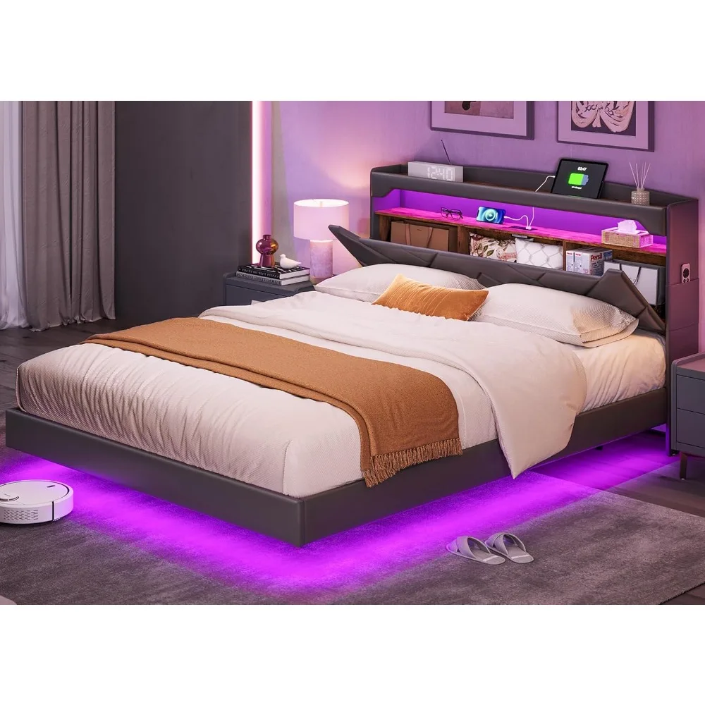 

Modern Black Upholstered Full Size Bed Frame with Headboard and Storage, LINSY Platform Bed