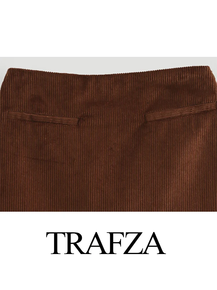 TRAFZA Women Autumn Fashion Versatile Solid Corduroy Side Zipper Skirt Female Vintage High Street Casual A-Line Mini Skirt