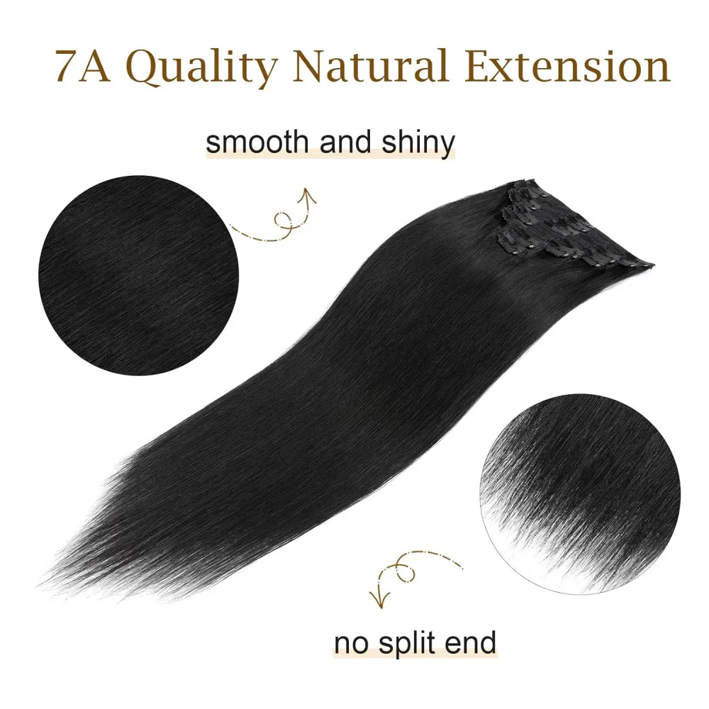 Clipe sem costura em extensões de cabelo, virgem brasileira reta, 100% cabelo humano real, cor preta natural, 16-26 em, 8PCs