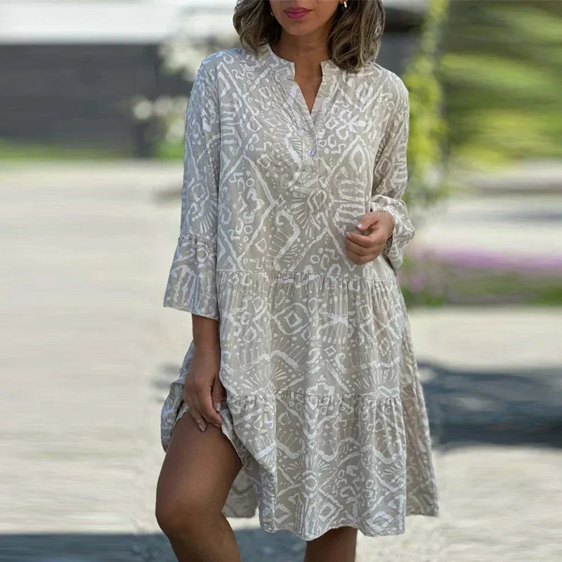 

Ladies Fashion Bohemian Beach Mini Dress Vintage Pattern Print Women Loose Dress Spring Casual 3/4 Sleeve V-Neck A-line Dress