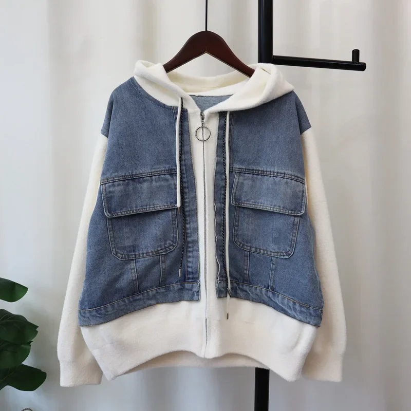 Denim Coats Women Sweaters Cardigan Hooded Zipper Splice Casual Loose Open Stitch Full Sleeve Elegant Coat Autumn Winter 2024