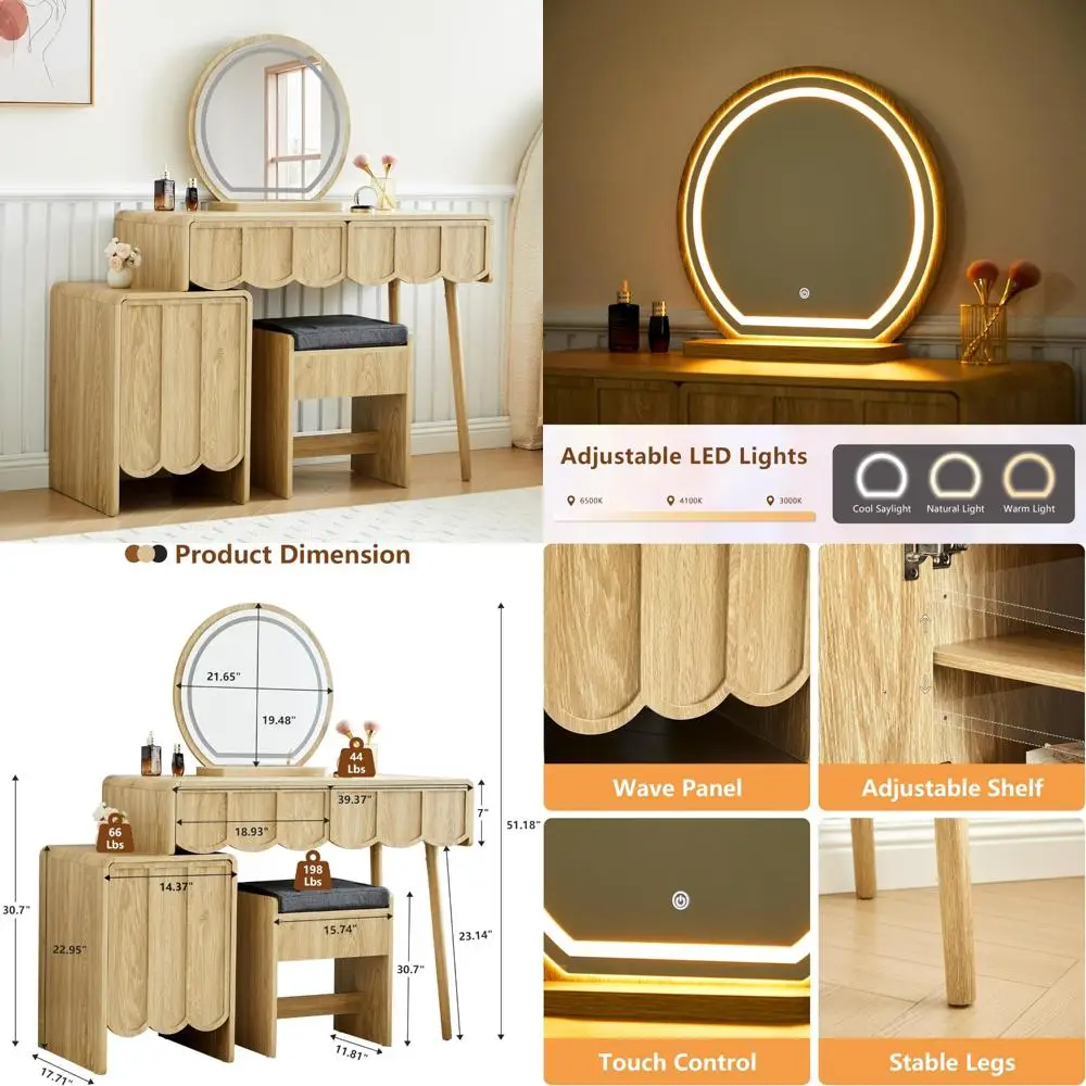 مكتب الغرور المموج الخشبي المعاصر مع مرآة مضيئة وتخزين المكياج والخلع الملابس #1