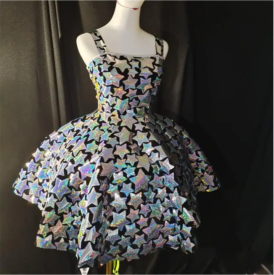 

New Silver Laser Sequins Straps Dress Women Dancer Performance Sexy Stars Clothes Birthday Celebrate Evening Prom Short Dress