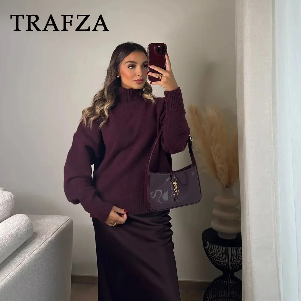 TRAFZA 2024 Autumn Winter Women Basics Knitted Sweaters Fashion Casual Turtleneck Thick Warm Solid Pullover Ladies Sweaters