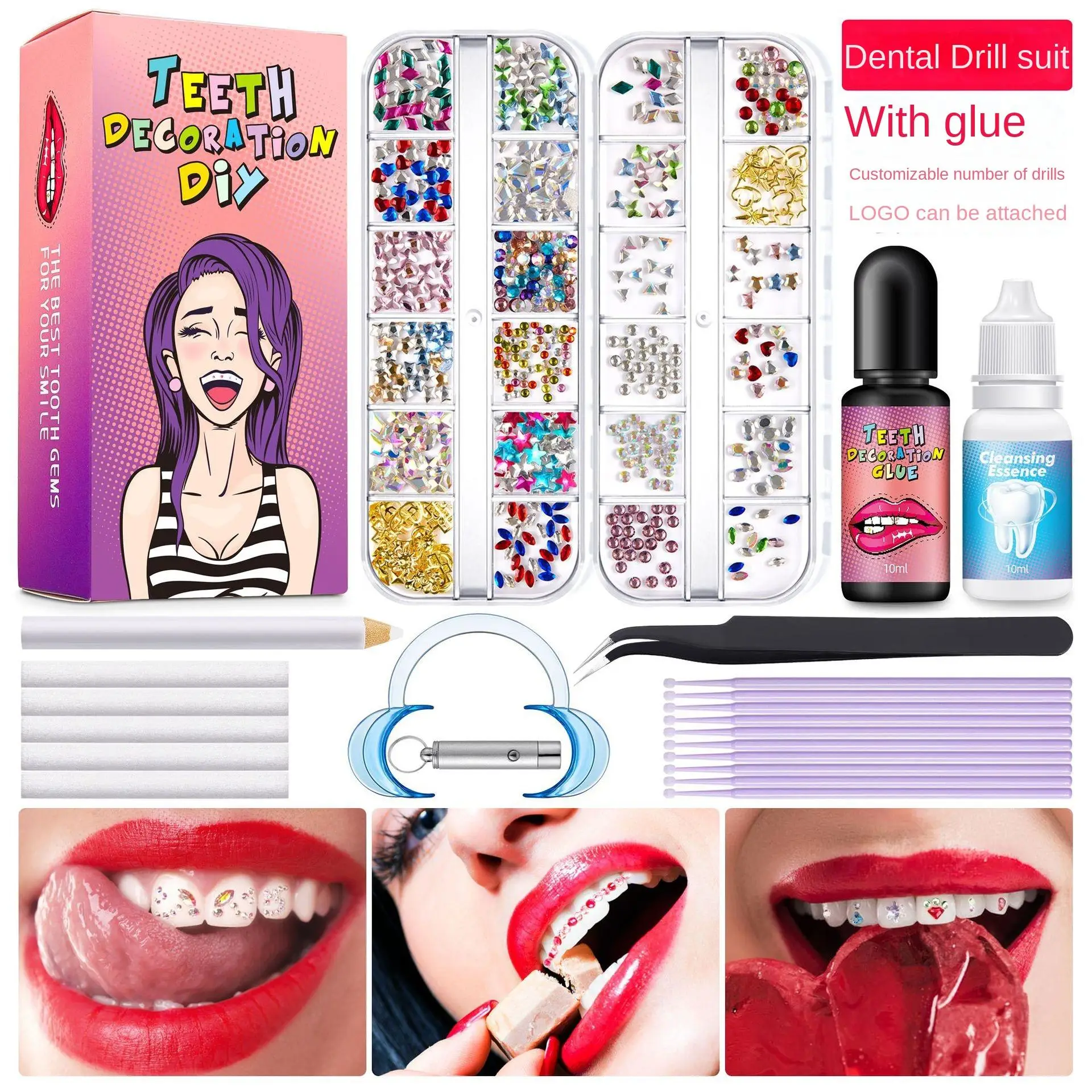 Tooth Gem Kit Tooth DIY Crystals Jewelry with Glue and Light Starter Tooth Gems Kit for Teeth Shining Temporary Teeth Crystal