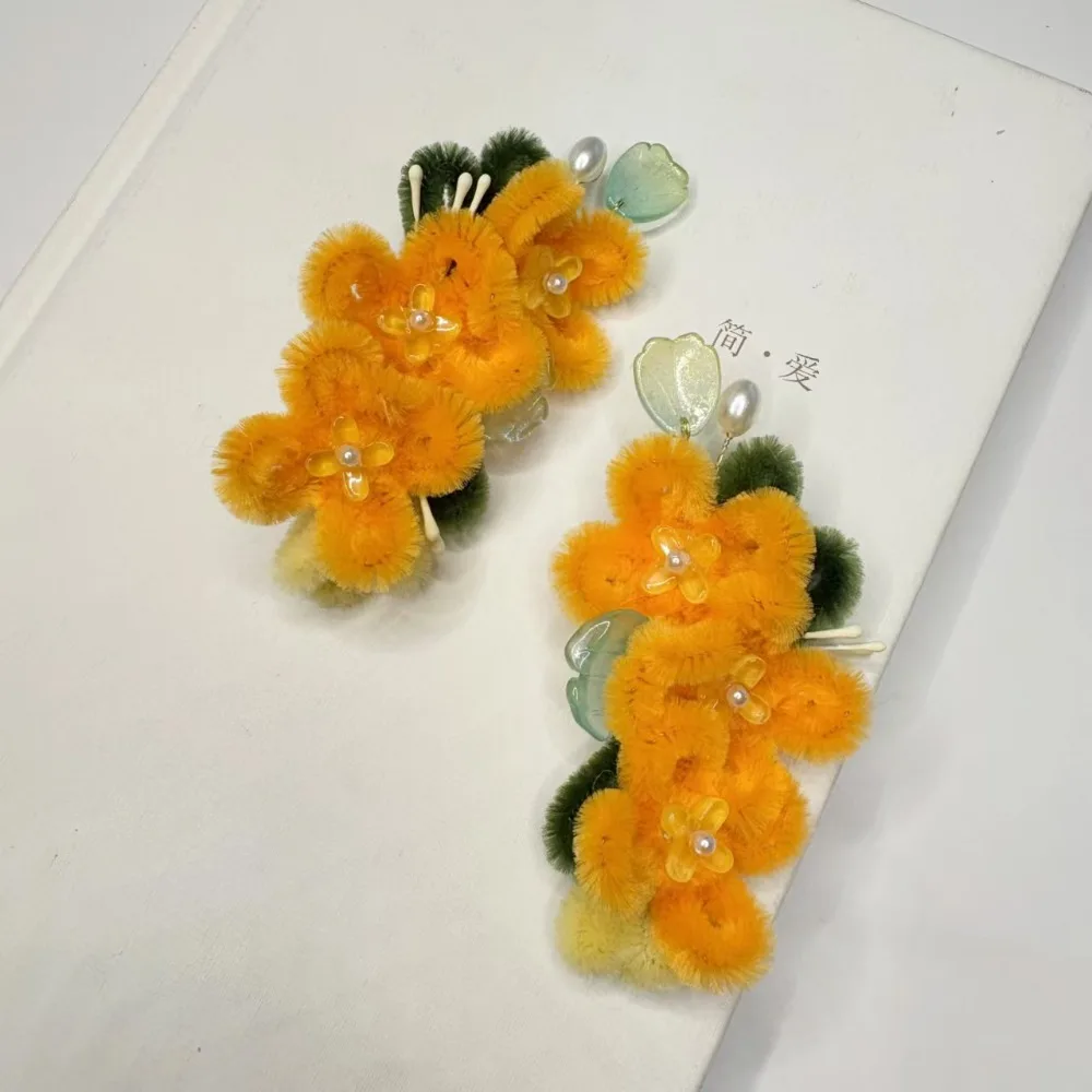 Floral Yellow Flower Hairpin Ribbon Suede Chinese Style Hair Clip Cloth Hanfu Accessories Long Streamer Barrettes