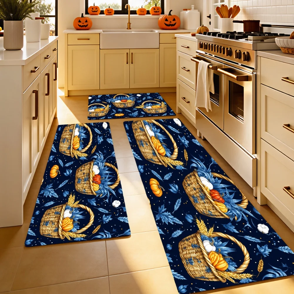 1/2/3pcs Kitchen Rugs, Welcome Door Mat Set, Home Halloween Decoration for Front Door, Kitchen, Bathroom, Woven Baskets with Pumpkins And Leaves On Dark Blue Background Dining Mat, Housewarming Party Gift.