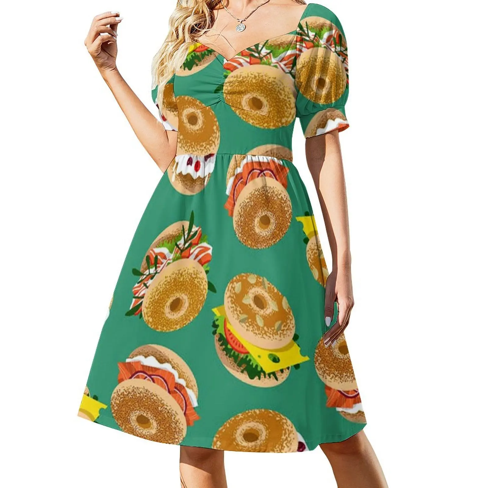 Bagels With Various Topping Preppy Style Mini Dress For Women A-Line Loose Fit Casual Day Dress Homer Kwik E Mart Donut With