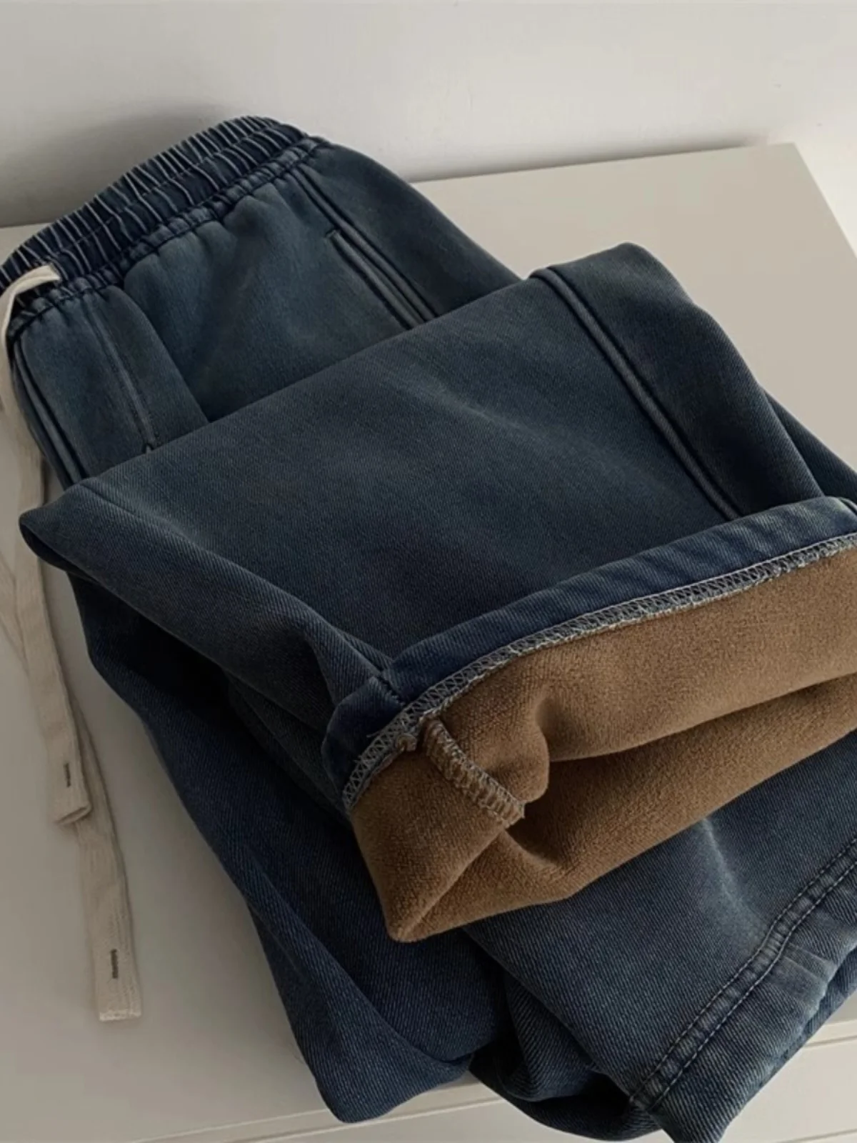 

Rasel Fce Lined Denim Wide Leg Pants Women Autumn Winter Loose Slimming Thiened Drapey Floor Length Straight Banana Pants