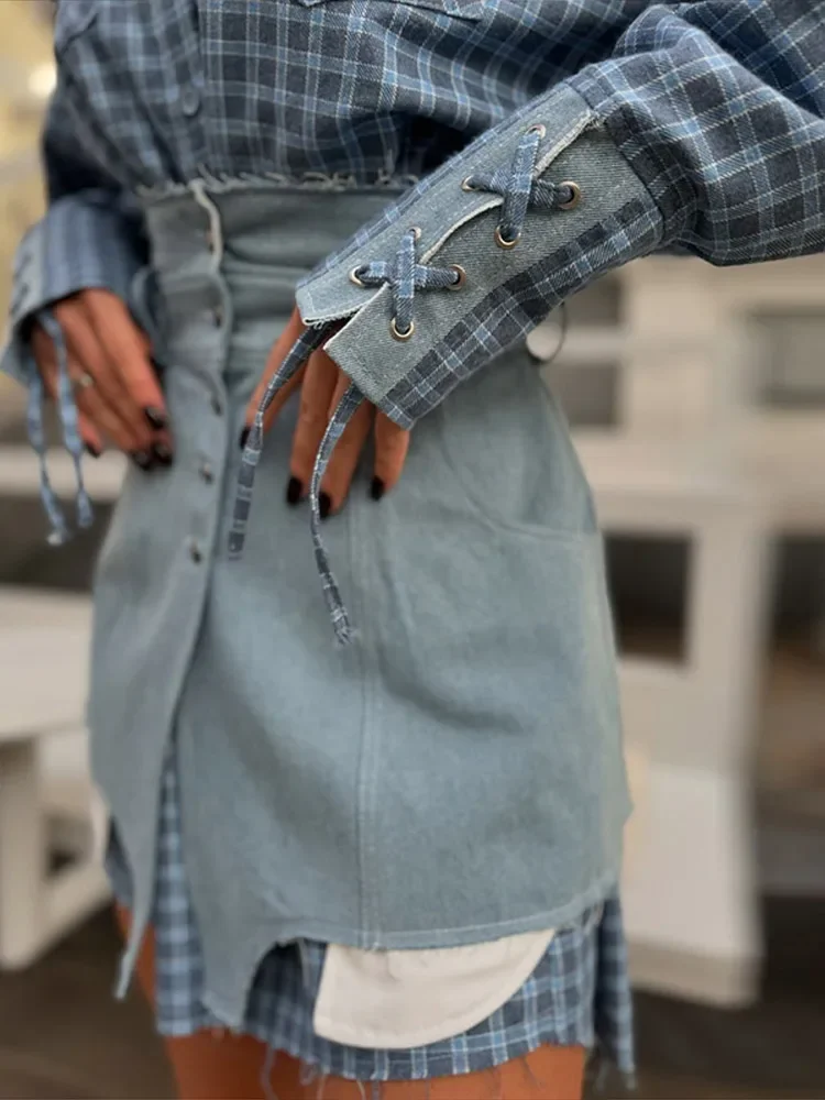 Camisa bloqueada de Color con solapa, conjunto de Falda corta con dobladillo Irregular ceñido a la cintura, camisa larga holgada a cuadros para mujer, trajes vaqueros de retales para mujer