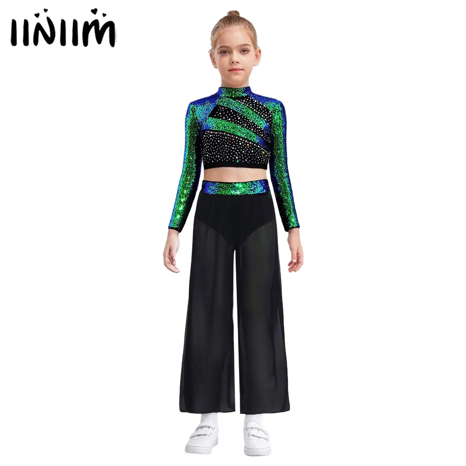 

Kids Girls Sequins Ballet Jazz Dance Outfits Performance Costume Crop Top with Flowing Chiffon Overlay Wide-Leg Side Slit Pants