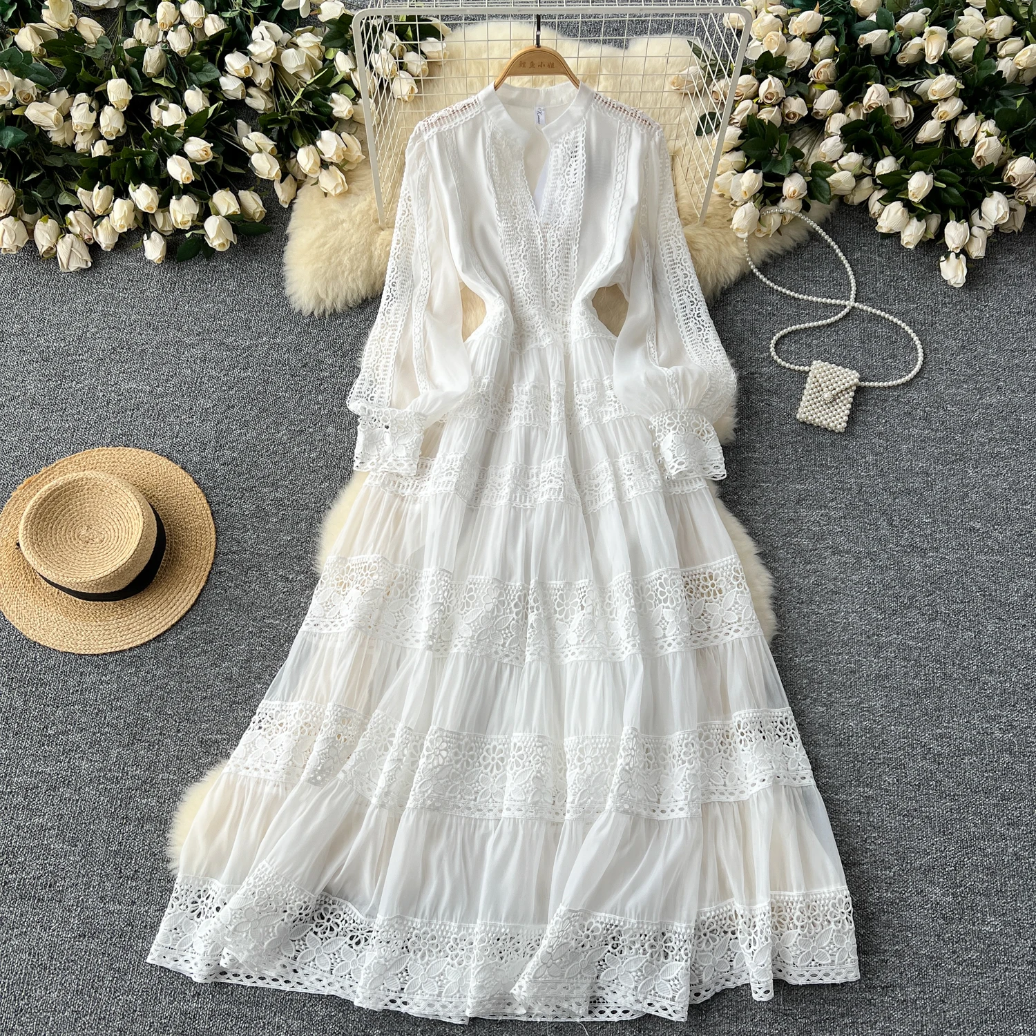 French lace PATCHWORK lool sleeve Dress A-line Chic Casual Beach Vacation Women Summer Vintage dresses