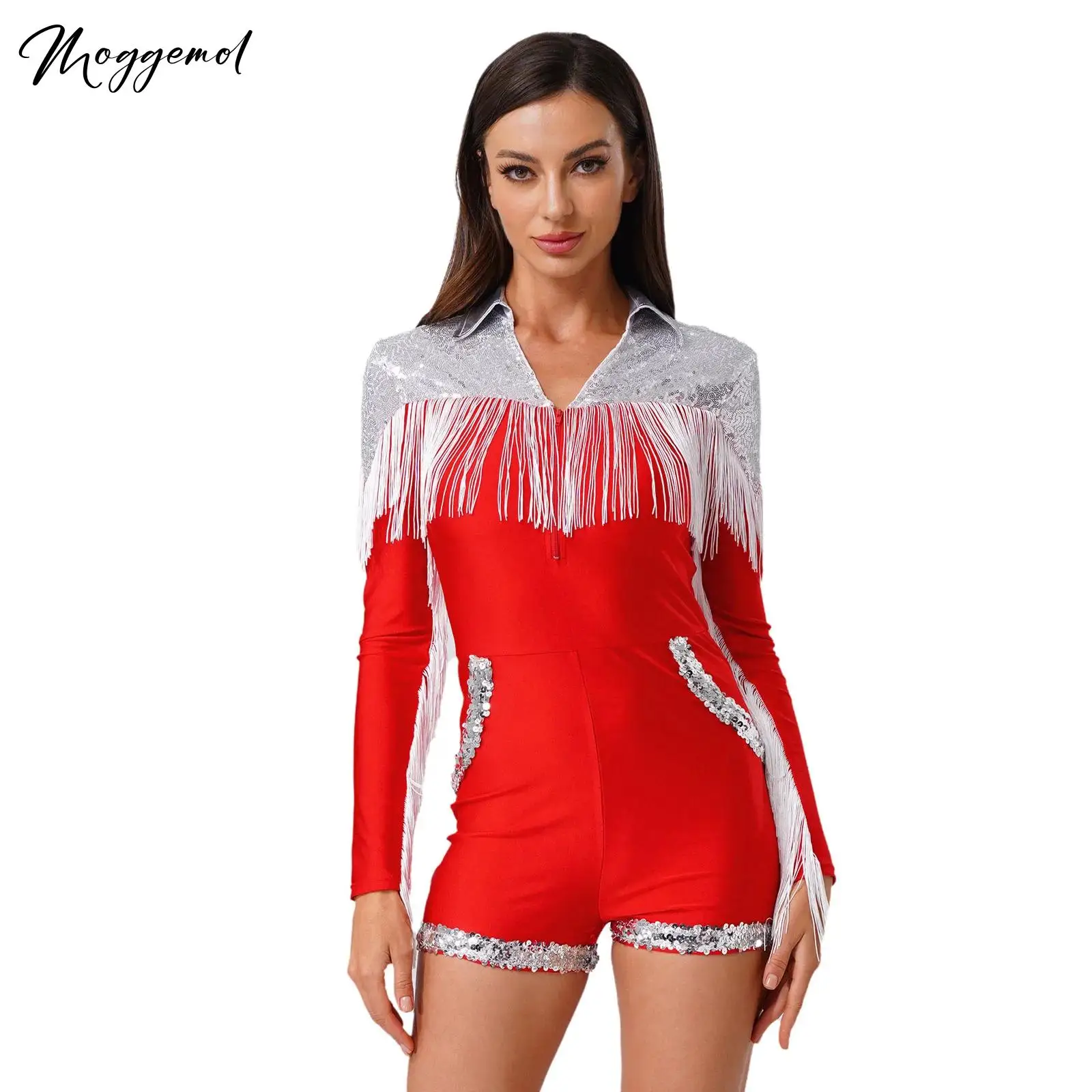 

Womens Western Cowgirl Bodysuit Halloween Cosplay Costume Front Zip Tassel Fringe Sparkly Sequins Rompers 70s Disco Dancewear