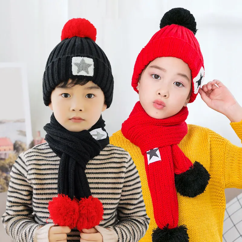 Winter Scarf Hats For Kids Warmer Knitted Beanies Cap Star Print Children Fleece Hat Neck Scarf Pompom Cute Hats For Boy Girls