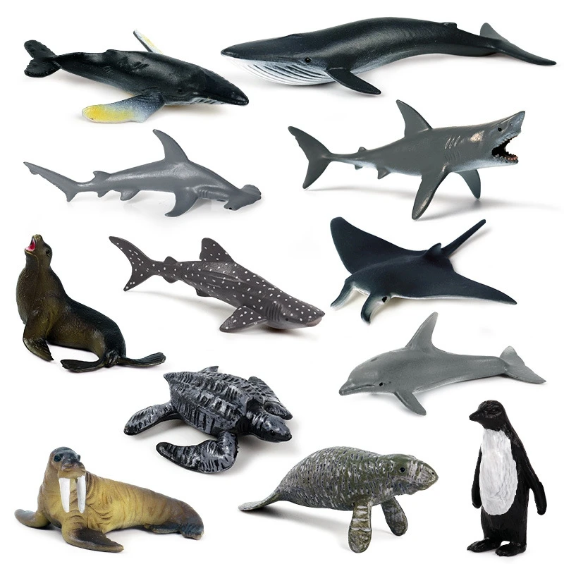 12Pcs Simulation Mini Marine Animal Giant Tooth Shark Killer Whale Blue Whale Shark Penguin Dolphin Model Toy