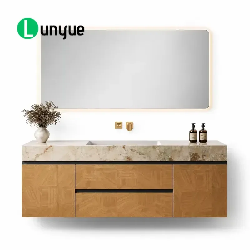 Italian Style Light Luxury Seamless Hot Bending Integrated Sink Bathroom Vanity Cabinet Set Modern Washstand for Toilet