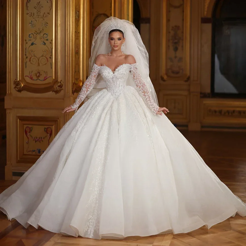 Elegant Princess Wedding Dresses Sweetheart Off The Shoulder Pearl Lace Pearls Embroidery Bridal Gown Train Vestidos De Novia