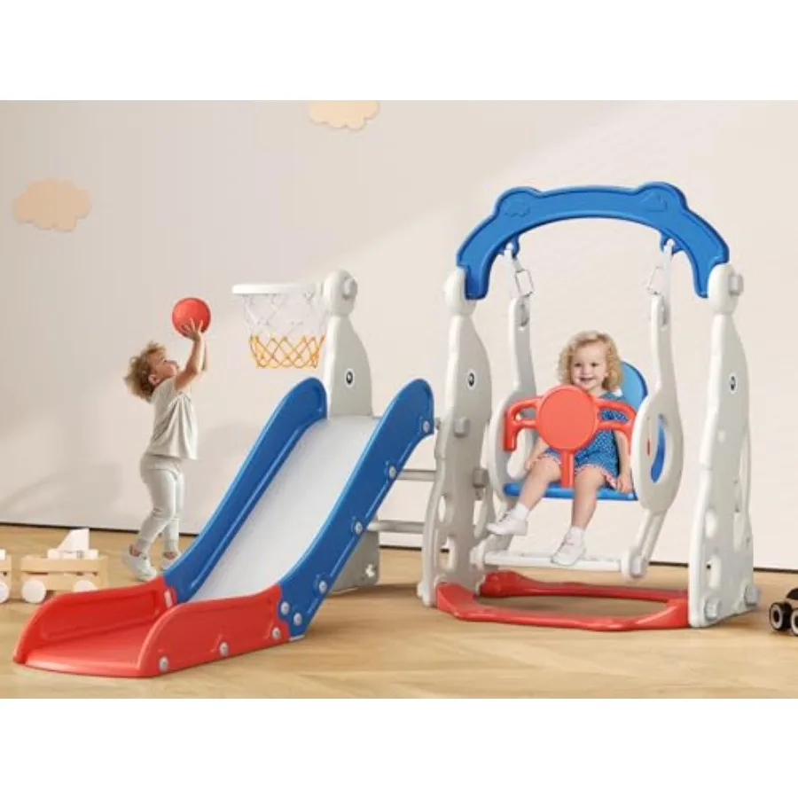 

Игровой комплекс 4 в 1 для малышей: горка, качели, баскетбольное кольцо и место для хранения, для детей 1-3 лет, для дома и улицы, синий