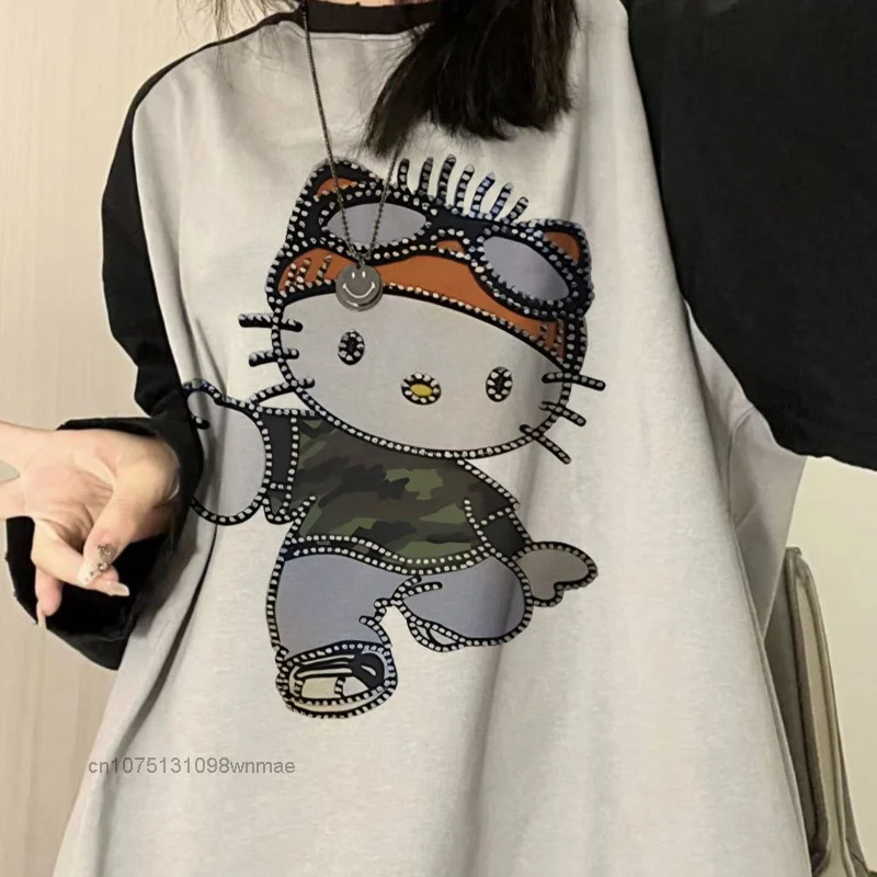 Sanrio Hello Kitty Camo Cotton T-shirts for Women, Long Sleeve, Hip Hop, Splicing, Oversize Fashion Tees, Street Top Clothes