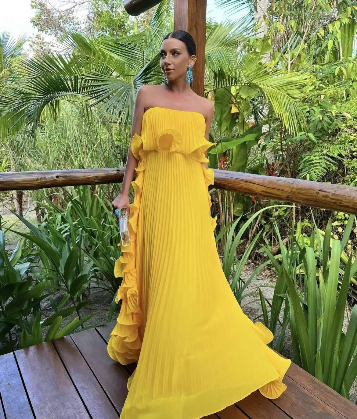 Elegant Women's Strapless Ruffles Long Dress Off Shoulder Pleated Maxi Dresses Evening Wedding Guest Party Gown Beach Vacation