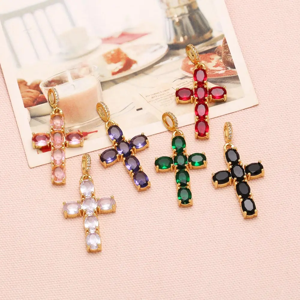 OCESRIO Colorful Oval Crystal Big Cross Pendant for Necklaces Copper Gold Plated Crucifix Jewelry Making Supplies pdtb733
