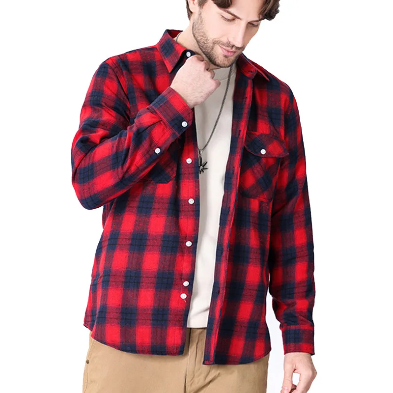 Mens Clothing Blouse Striped Men Red Green Blue Dress Shirt Tops Casual Business Plaid Print Long Sleeves Pocket design Shirt