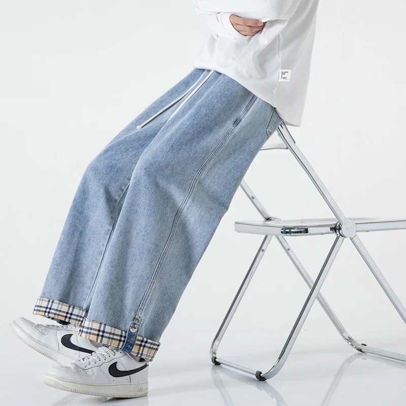 

Harajuku Classic Japanese Men's Jeans Street Loose Straight Wide Leg Pants College Style Men's Elastic Waist Tie Casual Pants