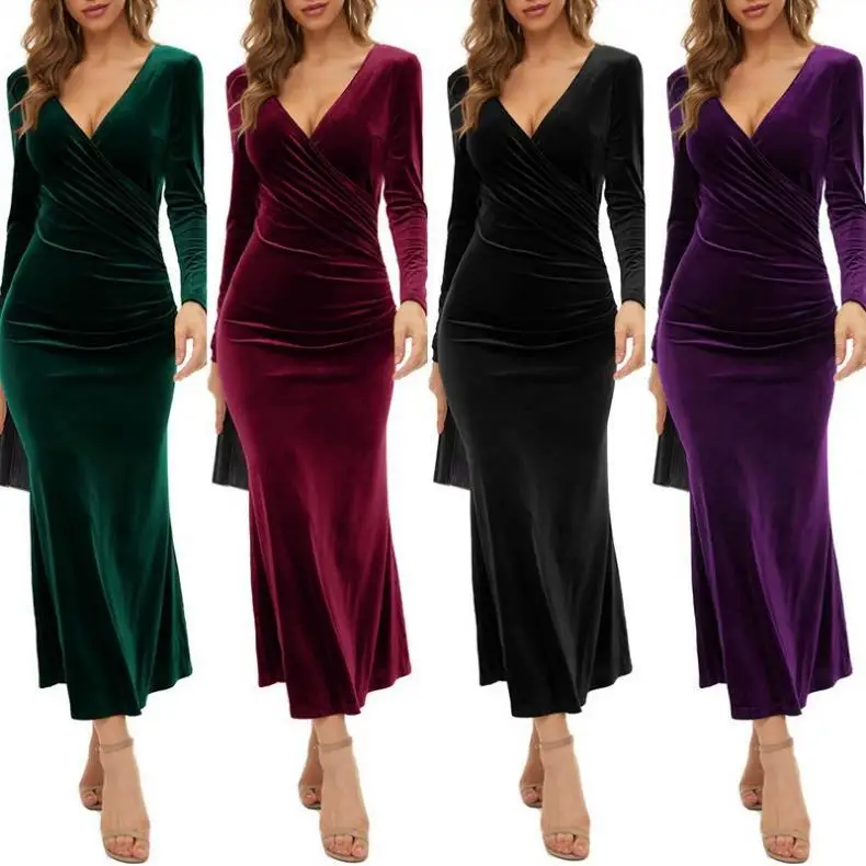 Ele Velvet Evening Dr z dekoltem w serek i trenem, dopasowana spódnica, długa, poliester, nowoczesna, elegancka moda damska