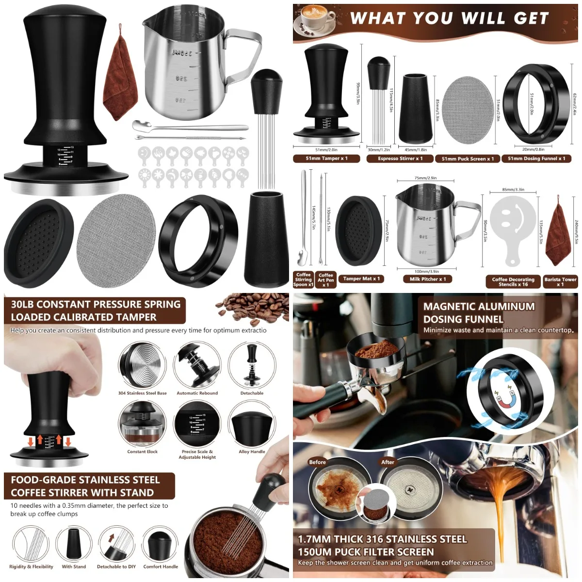 

25 PCS Espresso Accessories Kit: 51mm Tamper, Puck Screen, Dosing Funnel, WDT Tool, Latte Art Set