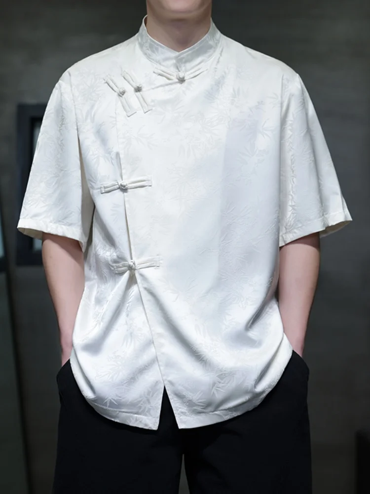 

Loose Fit Chinese Sle Men's T-irt ort Sve Embroidered Button up Breathable Thin Summer New Faion Youth irt