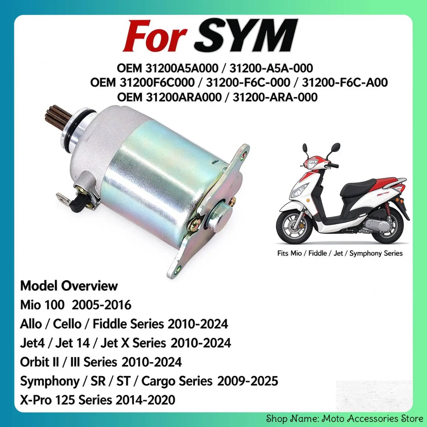 31200ARA000 Motorcycle Engine Starter Motor for SYM FNX Jet 14 X Orbit III Symphony Cargo SR ST 125 125i 150 200i 4T E4 E5 H2O