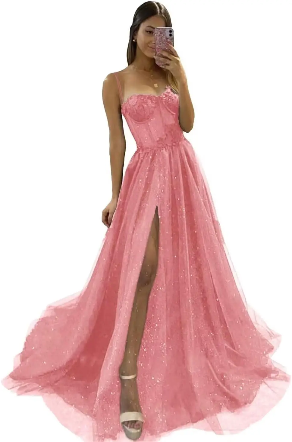 Une ligne paillettes Tulle robes de bal 2024 bretelles Spaghetti chérie fleurs 3D robes de soirée formelles avec fente robe de bal