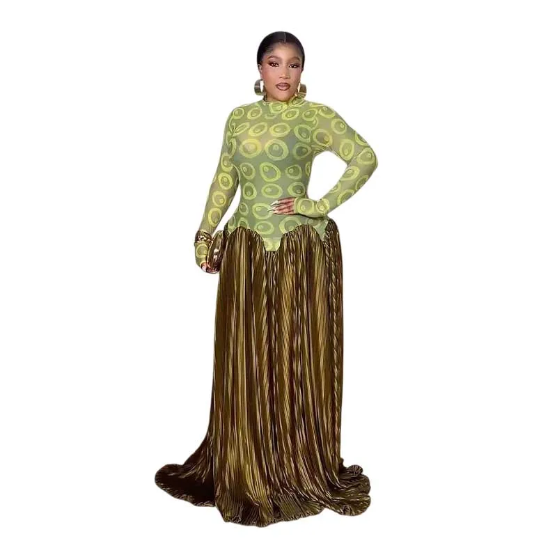 Elegante olijfgroene jurken, maxi-jurk met hoge taille en lange mouwen voor dames, avondfeest, geplooide jurk, stretchstof voor jurk - afbeelding 2