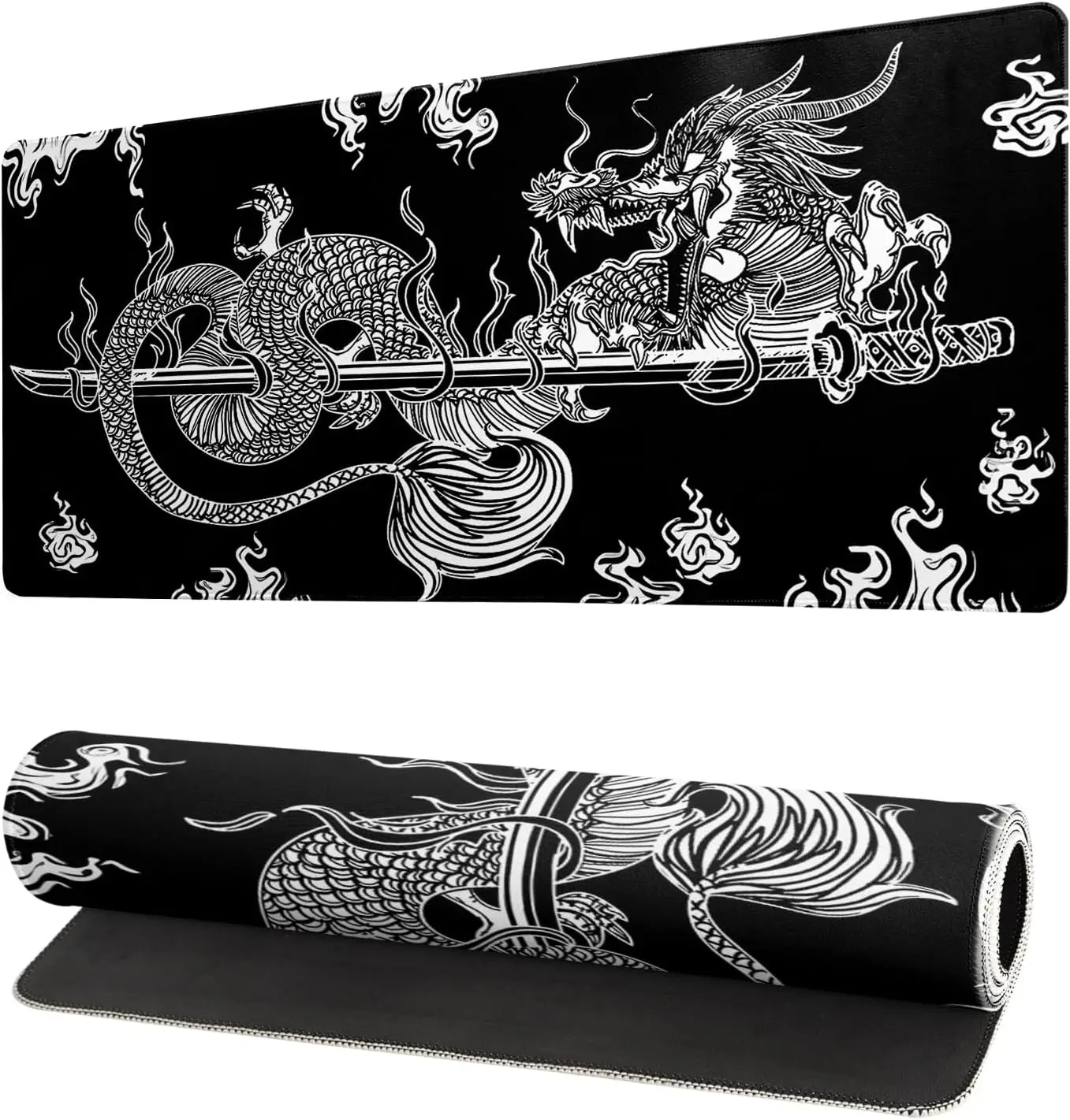 Oriental Dragon Sword Large Gaming Desk Pad, Black‑White Ink Dragon Cloud Motif, Non‑Slip Mouse Mat For Laptop PC Home Table