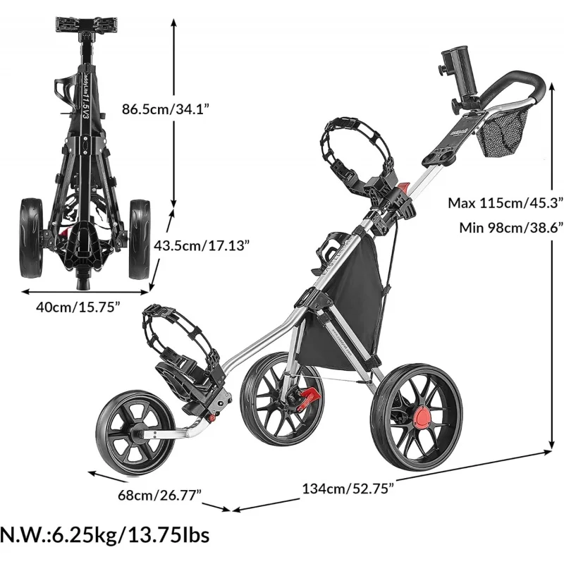 AQCaddytek CaddyLite 11.5 V3 3 Wheel Golf Push - SuperLite Deluxe,Lightweight,Easy To Fold Caddy Cart Pushcart